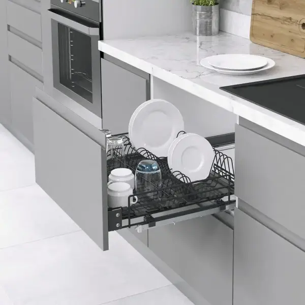 Starax 90cm Kapağa Monte Çift Açılım Gizli Raylı Tepsili Tabaklık - Bardaklık Antrasit Renk (S-2034-A) - 1