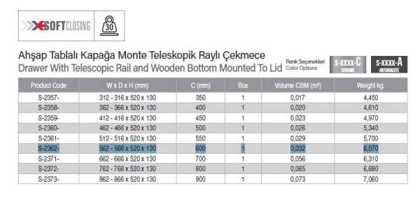 Starax 60cm Ahşap Tablalı Kapağa Monte Teleskopik Raylı Çekmece Antrasit Renk (S-2362-A) - 3