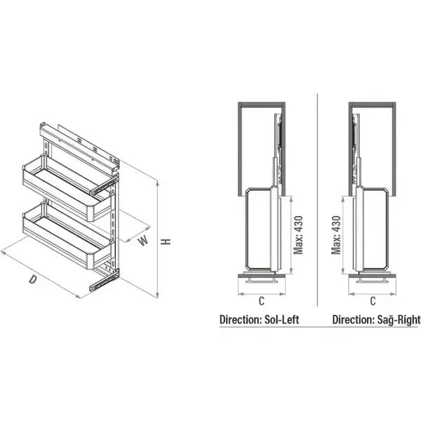 Starax 40cm Premium Yandan Gizli Raylı Sağ Ünite 90 Derece Frenli Antrasit Renk (S-2794-P-A) - 3