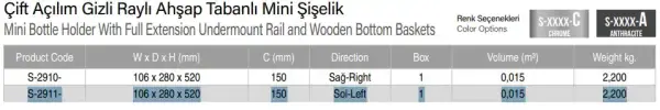 Starax 15cm Çift Açılım Gizli Raylı Ahşap Tabanlı Mini Şişelik Antrasit Renk (S-2911-A) - 3