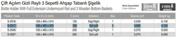 Starax 15cm Çift Açılım Gizli Raylı 3 Sepetli Ahşap Tabanlı Şişelik Krom Renk (S-2917-C) - 3