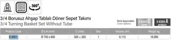 Starax 3/4 Borusuz Ahşap Tablalı Döner Sepet Takımı Krom Renk (S-3051-C) - 3