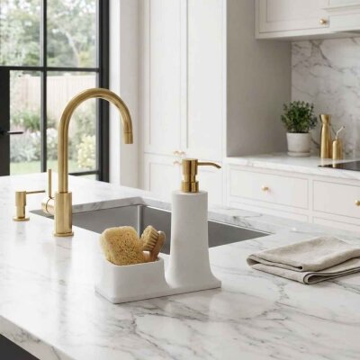 System Tezgah Üstü Deterjanlık Ve Süngerlik Beyaz/Gold (BA2007 028 R1-GL) - System Banyo