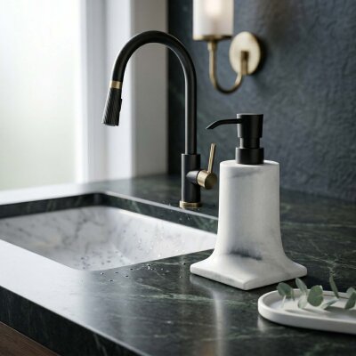 System Tezgah Üstü Sıvı Sabunluk Mermer Desenli/Siyah (BA2007 006 R3-AL6) - System Banyo