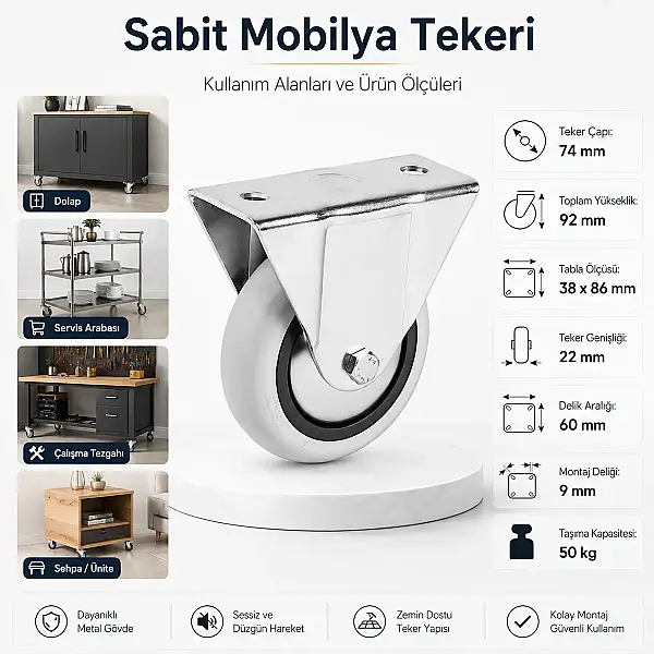 Hts Sabit Tekerlek 75x25mm Sabit Bağlantılı PVC Teker (120-01-75-07) - 2