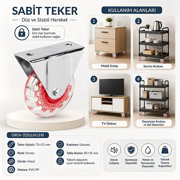 Hts Sabit Makaralı Tekerlek Kırmızı 75*25mm (120-07-03-03) - 2