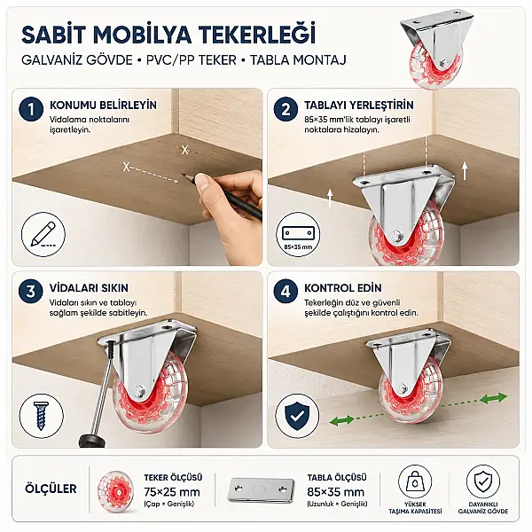 Hts Sabit Makaralı Tekerlek Kırmızı 75*25mm (120-07-03-03) - 3