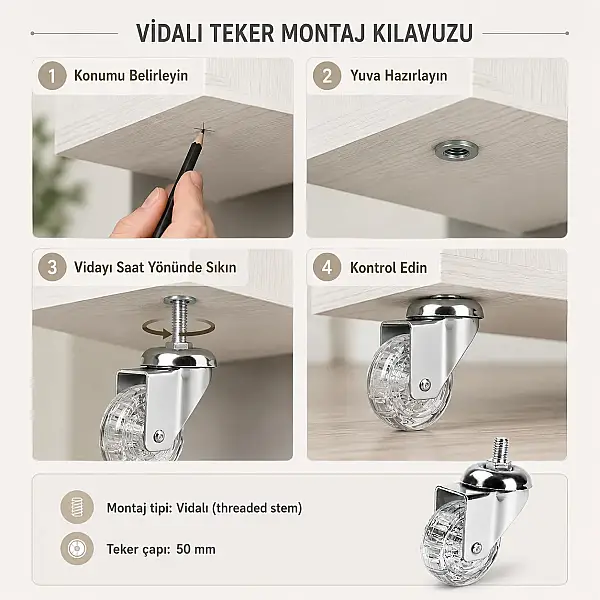 Hts Vidalı Makaralı Şeffaf Tekerlek 50mm (120-02-50-14) - 2