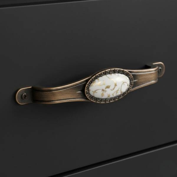 Tomurcuk Porselen Mobilya Kulbu Antik Bakır/Beyaz Renk 128mm Kulp (198-06-128-100) - 1