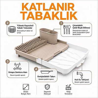 Katlanabilir Tabaklık Bulaşıklık Krem (AMZ29) - 5