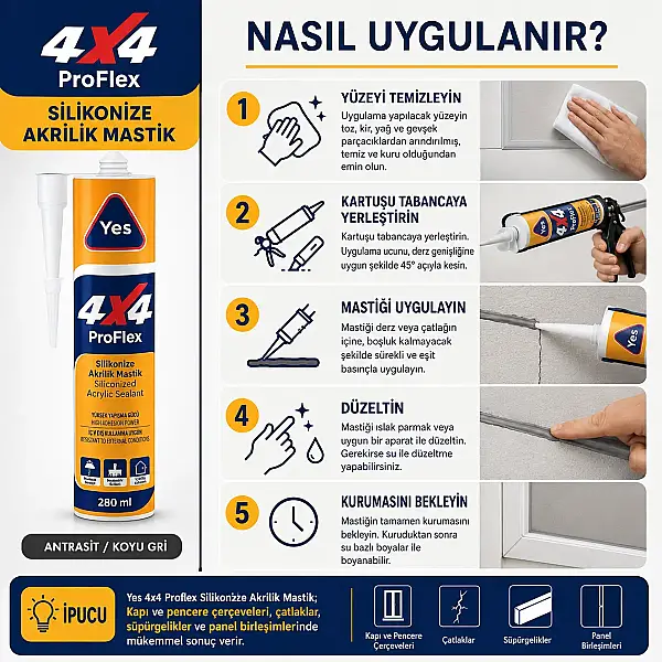 Yes 4*4 Proflex Akrilik Mastik 280ML Antrasit (TUT806) - 4