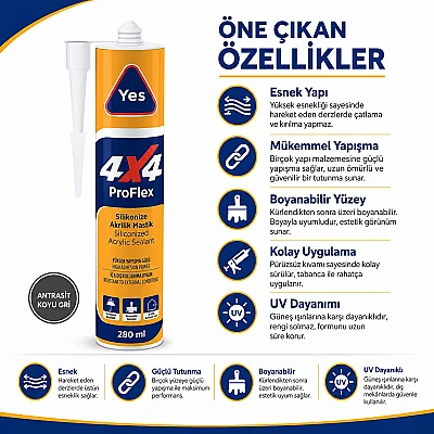 Yes 4*4 Proflex Akrilik Mastik 280ML Antrasit (TUT806) - 5