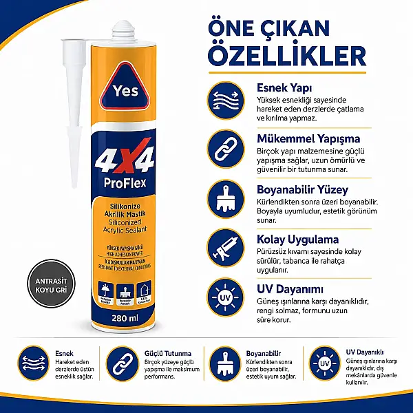 Yes 4*4 Proflex Akrilik Mastik 280ML Antrasit (TUT806) - 5