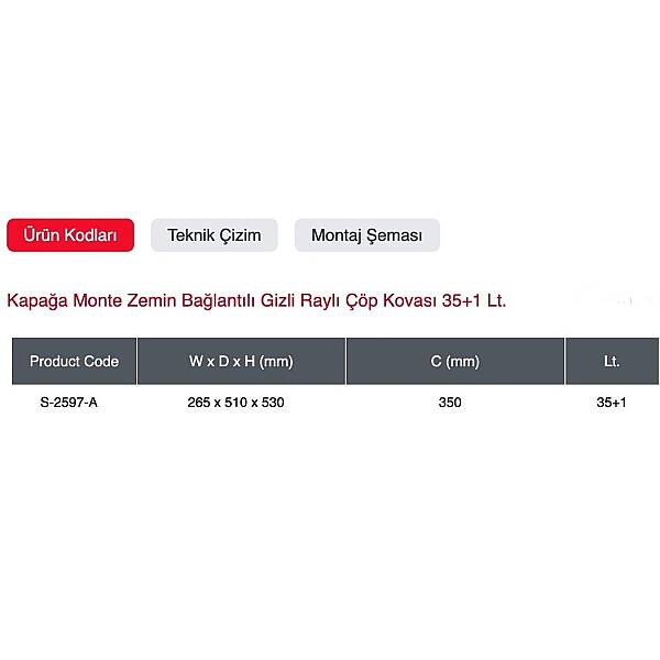 Starax Zemin Bağlantılı Gizli Raylı Çöp Kovası 35+1 Lt. - Antrasit - 2