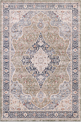 Zümrüt 01 Göbekli Krem Lacivert Yeşil Vintage Desenli Eskitme İnce Yıkanabilir Salon Ev Oda Halısı 120x200 - Arteluna Home