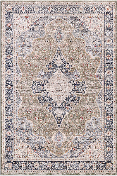 Zümrüt 01 Göbekli Krem Lacivert Yeşil Vintage Desenli Eskitme İnce Yıkanabilir Salon Ev Oda Halısı 120x200 - 1