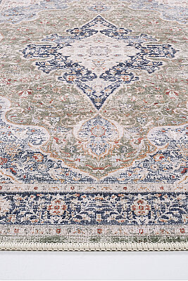 Zümrüt 01 Göbekli Krem Lacivert Yeşil Vintage Desenli Eskitme İnce Yıkanabilir Salon Ev Oda Halısı 120x200 - Arteluna Home (1)