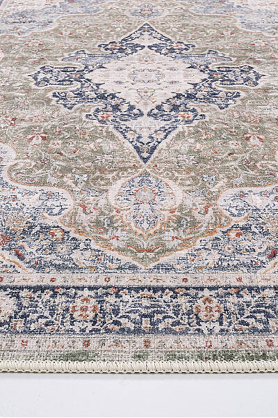 Zümrüt 01 Göbekli Krem Lacivert Yeşil Vintage Desenli Eskitme İnce Yıkanabilir Salon Ev Oda Halısı 120x200 - 2