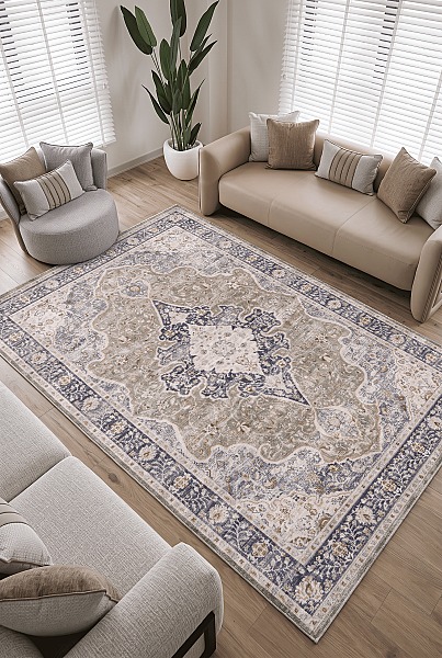 Zümrüt 01 Göbekli Krem Lacivert Yeşil Vintage Desenli Eskitme İnce Yıkanabilir Salon Ev Oda Halısı 120x200 - 4