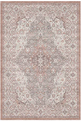 Zümrüt 02 Göbekli Krem Gri Kiremit Vintage Desenli Eskitme İnce Yıkanabilir Salon Ev Oda Halısı 120x200 - 1