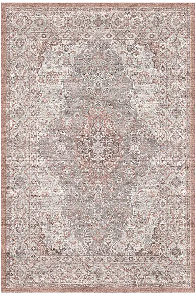 Zümrüt 02 Göbekli Krem Gri Kiremit Vintage Desenli Eskitme İnce Yıkanabilir Salon Ev Oda Halısı 120x200 - 1