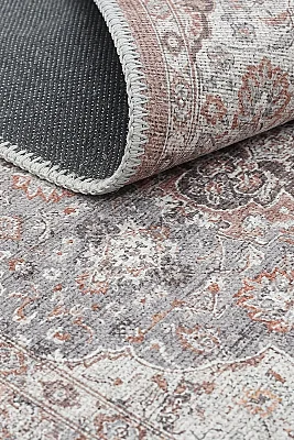 Zümrüt 02 Göbekli Krem Gri Kiremit Vintage Desenli Eskitme İnce Yıkanabilir Salon Ev Oda Halısı 120x200 - Arteluna Home (1)