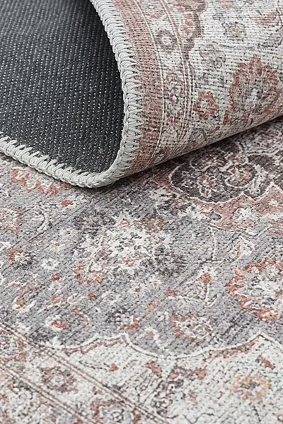 Zümrüt 02 Göbekli Krem Gri Kiremit Vintage Desenli Eskitme İnce Yıkanabilir Salon Ev Oda Halısı 120x200 - 2