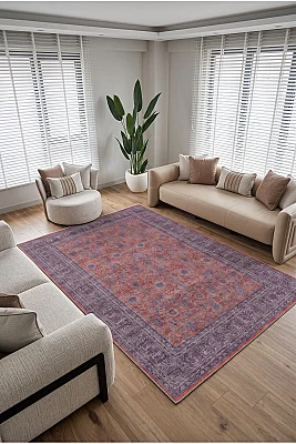 Zümrüt 03 Bordürlü Mor Kırmızı Gri Vintage Desenli Eskitme İnce Yıkanabilir Salon Ev Oda Halısı 120x200 - Arteluna Home (1)