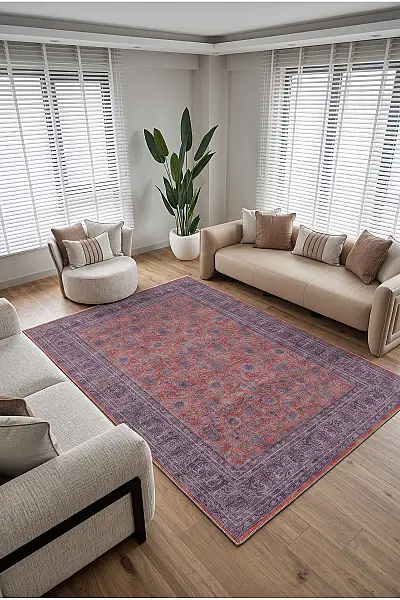 Zümrüt 03 Bordürlü Mor Kırmızı Gri Vintage Desenli Eskitme İnce Yıkanabilir Salon Ev Oda Halısı 120x200 - 2