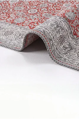 Zümrüt 04 Bordürlü Kırmızı Gri Krem Vintage Desenli Eskitme İnce Yıkanabilir Salon Ev Oda Halısı 120x200 - Arteluna Home (1)
