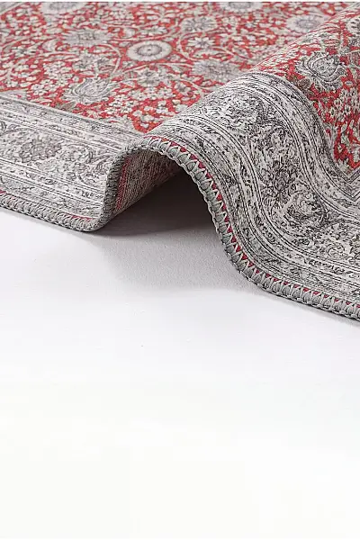 Zümrüt 04 Bordürlü Kırmızı Gri Krem Vintage Desenli Eskitme İnce Yıkanabilir Salon Ev Oda Halısı 120x200 - 2