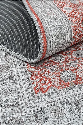 Zümrüt 04 Bordürlü Kırmızı Gri Krem Vintage Desenli Eskitme İnce Yıkanabilir Salon Ev Oda Halısı 120x200 - 3