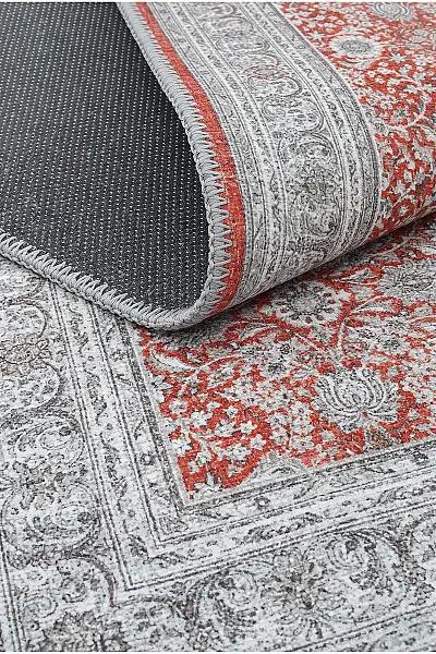 Zümrüt 04 Bordürlü Kırmızı Gri Krem Vintage Desenli Eskitme İnce Yıkanabilir Salon Ev Oda Halısı 120x200 - 3