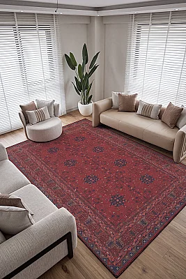 Zümrüt 05 Bordürlü Kırmızı Lacivert Etnik Vintage Eskitme İnce Yıkanabilir Salon Ev Oda Halısı 120x200 - Arteluna Home (1)