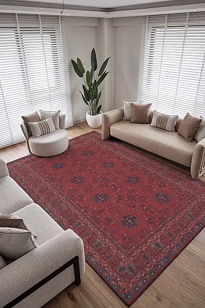 Zümrüt 05 Bordürlü Kırmızı Lacivert Etnik Vintage Eskitme İnce Yıkanabilir Salon Ev Oda Halısı 120x200 - 2
