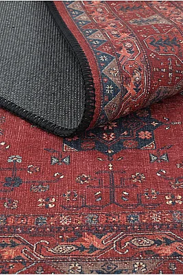 Zümrüt 05 Bordürlü Kırmızı Lacivert Etnik Vintage Eskitme İnce Yıkanabilir Salon Ev Oda Halısı 120x200 - 3