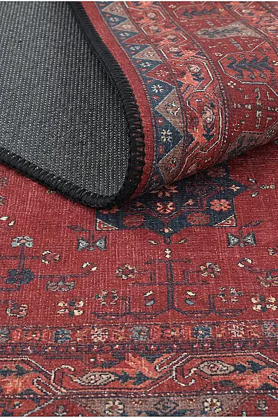 Zümrüt 05 Bordürlü Kırmızı Lacivert Etnik Vintage Eskitme İnce Yıkanabilir Salon Ev Oda Halısı 120x200 - 3