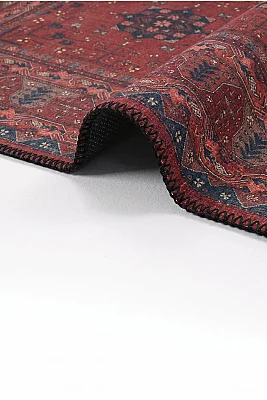 Zümrüt 05 Bordürlü Kırmızı Lacivert Etnik Vintage Eskitme İnce Yıkanabilir Salon Ev Oda Halısı 120x200 - 4