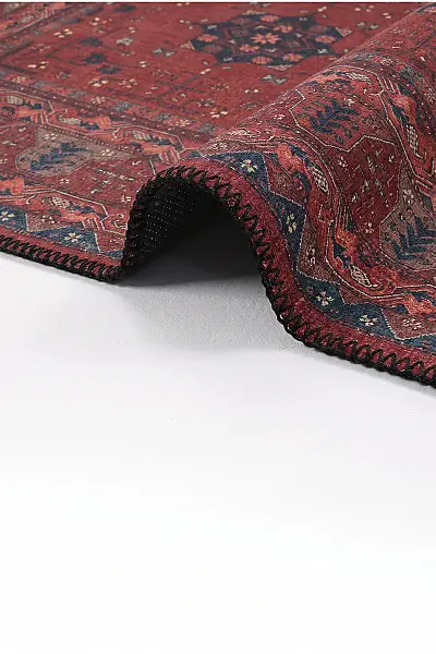 Zümrüt 05 Bordürlü Kırmızı Lacivert Etnik Vintage Eskitme İnce Yıkanabilir Salon Ev Oda Halısı 120x200 - 4